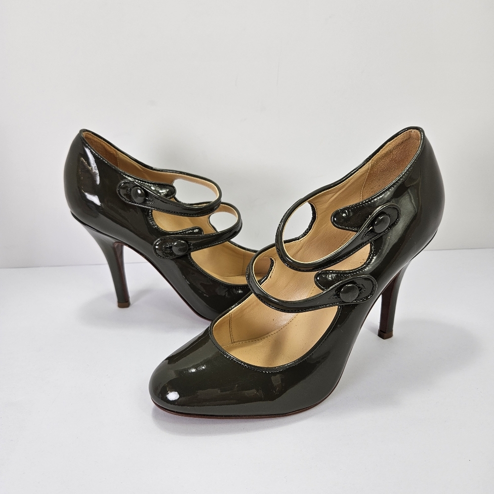 J. Crew Olive Patent Triple-Strap Mary Jane Heels